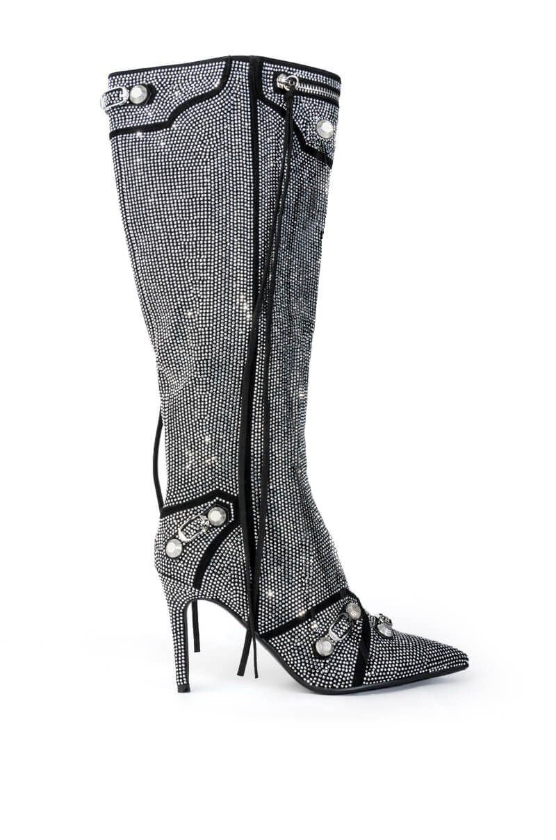 Women's Bling Crystal Knee-High Boots Pointed Toe Stiletto Tassel