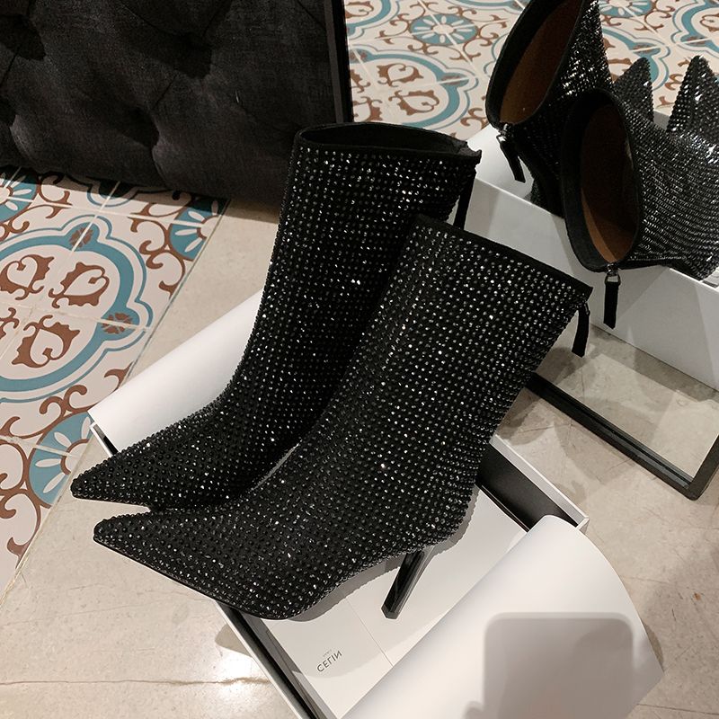 Women's Glamorous Rhinestone-embellished high heel Booties - Fall’s Hottest Statement Boot!
