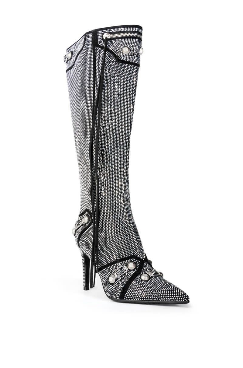 Women's Bling Crystal Knee-High Boots Pointed Toe Stiletto Tassel