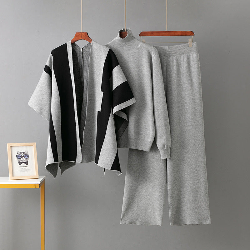 Women’s Shawl, Sweater & Wide Leg Pants 3-Piece Set