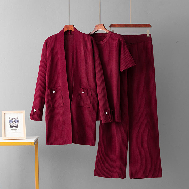 Mid Length Cardigan Jacket+short Sleeved top+wide leg pants three piece set
