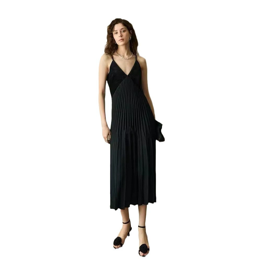 French Velvet Patchwork Pleated V-neck Camisole Dress for Slimming Women