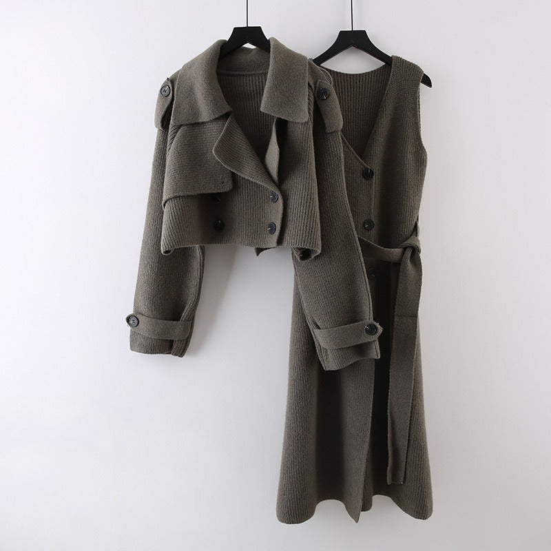 Fashion Knitted 2-Piece Set for Women Coat Straight Belt Dresses