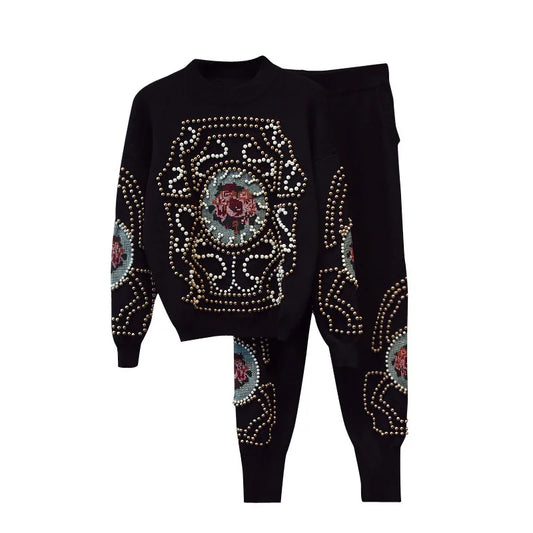 Women’s Beaded Knit Tracksuit Set – Autumn Winter Lounge Wear