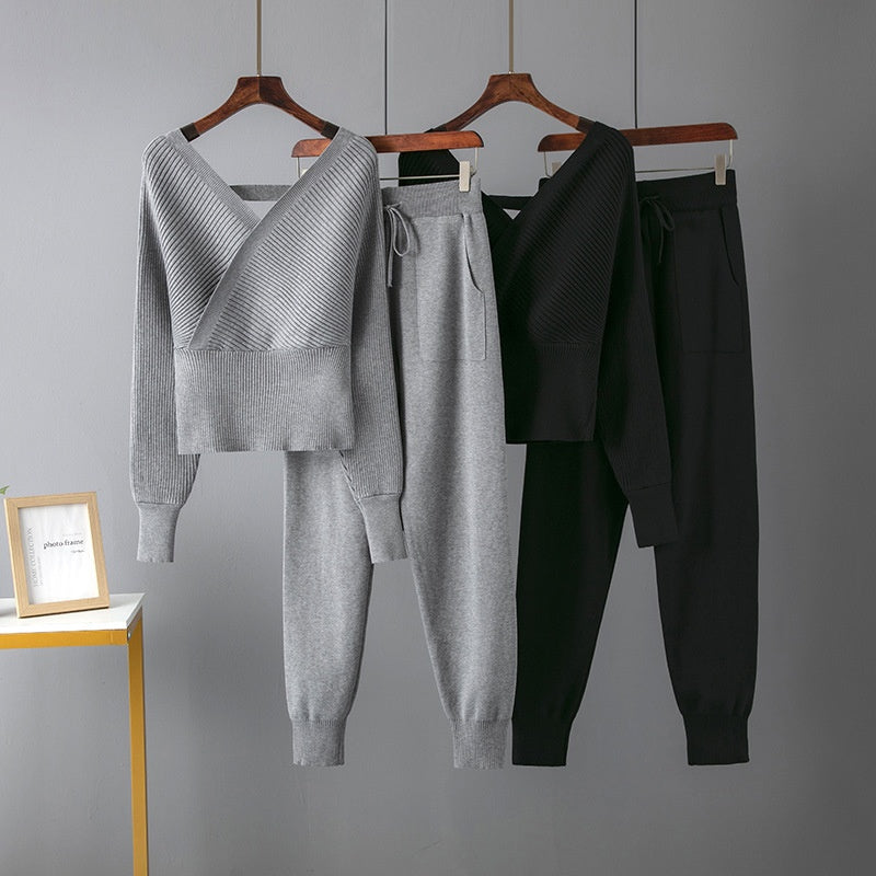 New V-Neck Sweater + Casual Sport Pants Two-Piece Set for Women