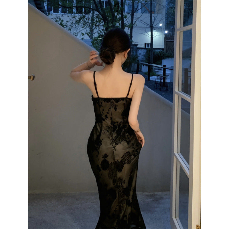 French Vintage Black Lace Dress Women's Elegant Strapless Dress