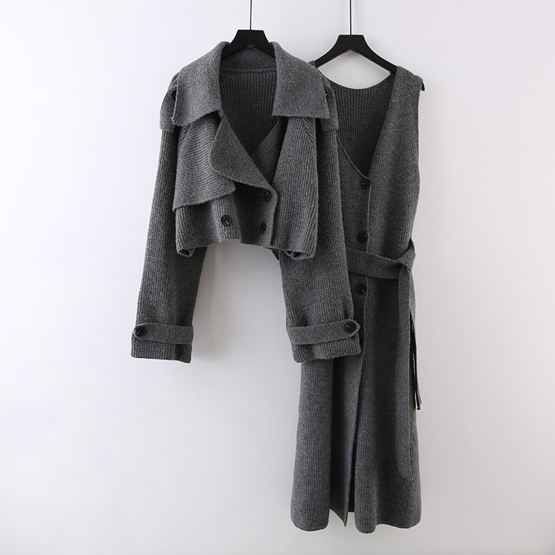 Fashion Knitted 2-Piece Set for Women Coat Straight Belt Dresses