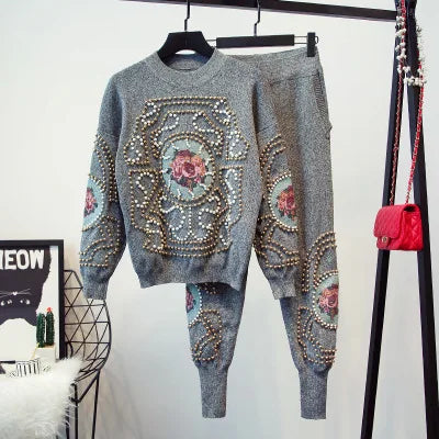 Women’s Beaded Knit Tracksuit Set – Autumn Winter Lounge Wear