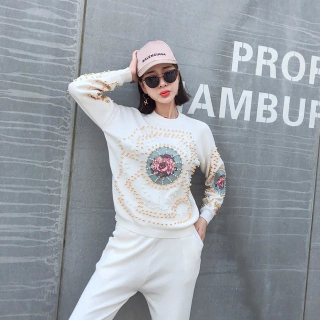 Women’s Beaded Knit Tracksuit Set – Autumn Winter Lounge Wear