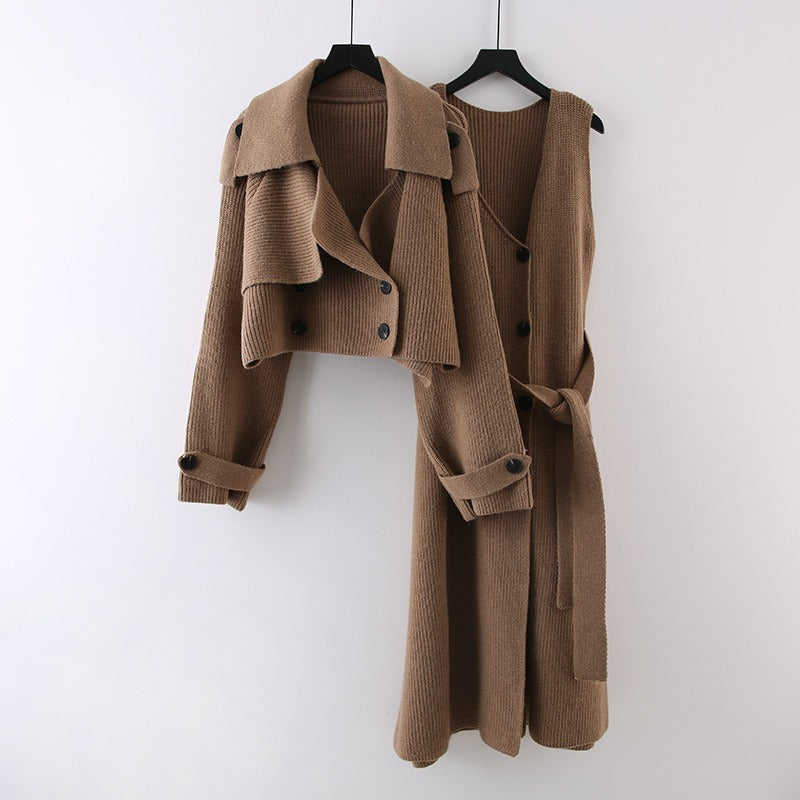 Fashion Knitted 2-Piece Set for Women Coat Straight Belt Dresses