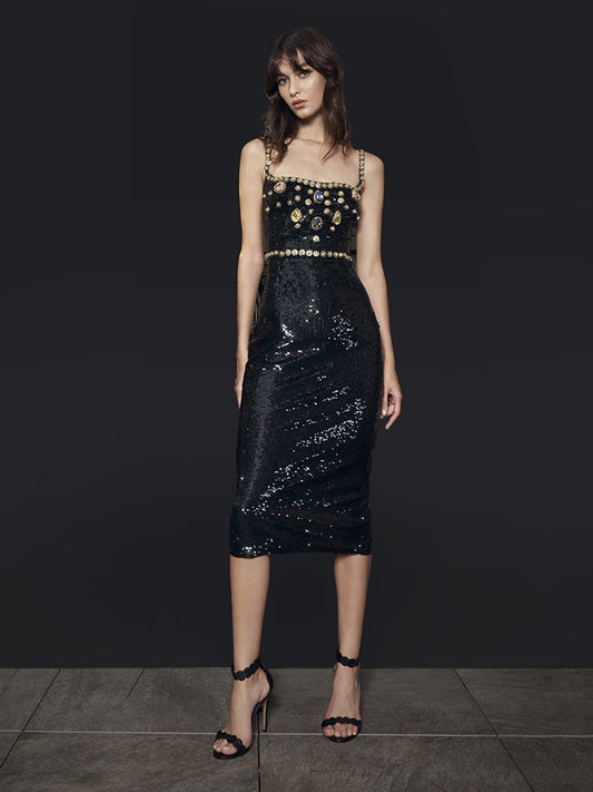 Luxurious Black Evening Dinner Dress Women's Square Collar Crystal Sequins Strap Dress