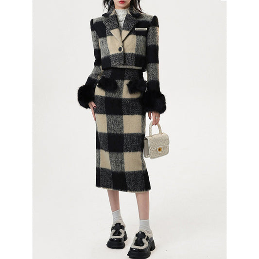 Women’s Winter Two-Piece Set: Black & White Plaid Furry Cuff Wool Coat