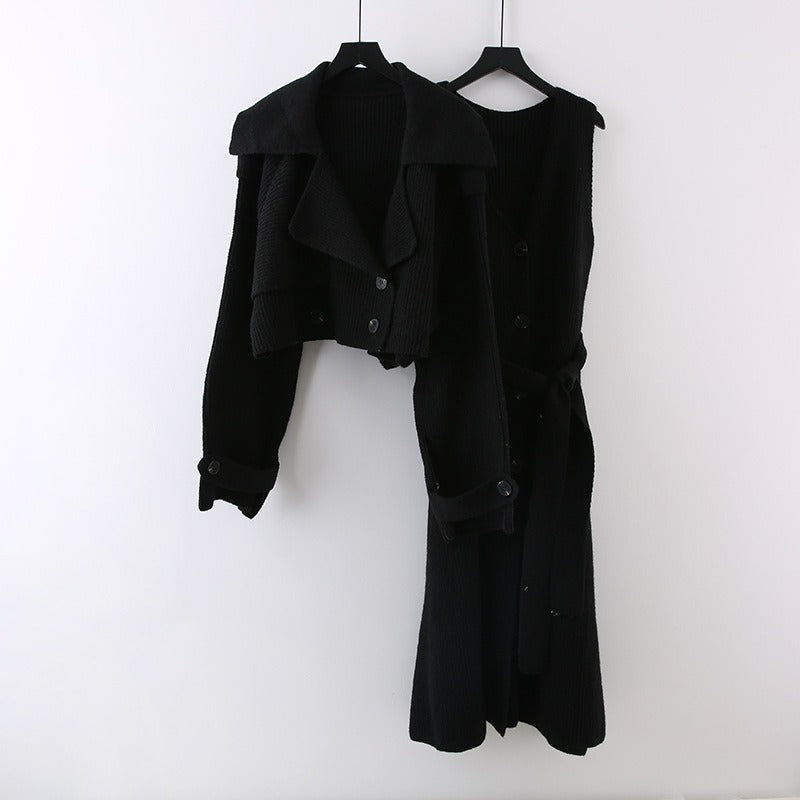 Fashion Knitted 2-Piece Set for Women Coat Straight Belt Dresses