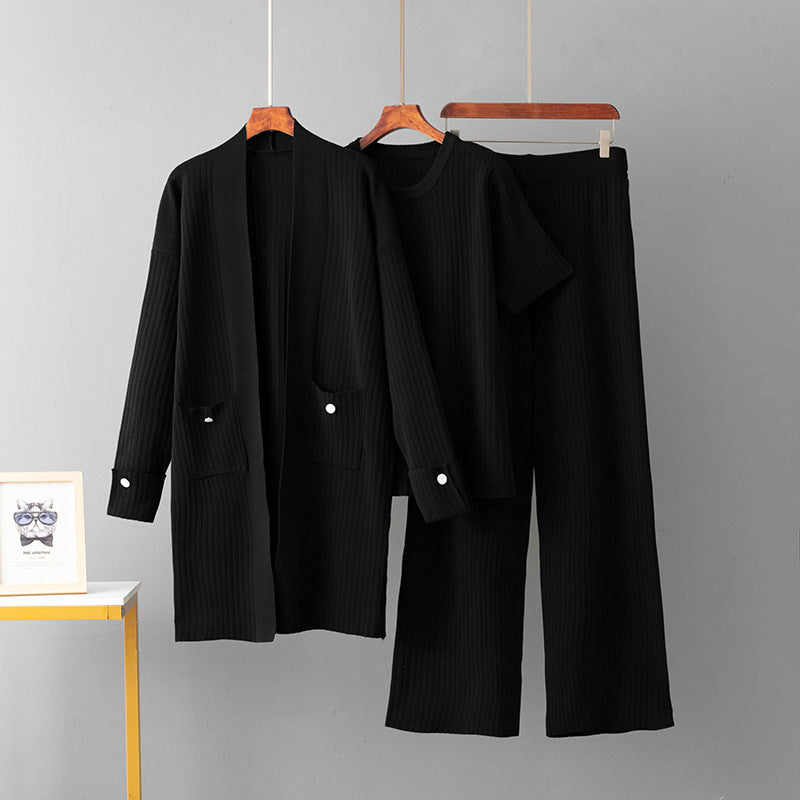 Mid Length Cardigan Jacket+short Sleeved top+wide leg pants three piece set