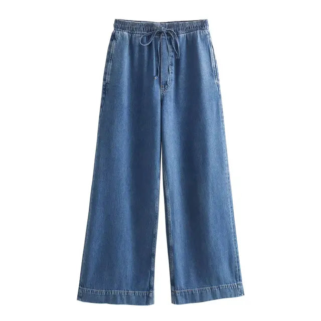Women's Retro Lapel Casual Shirt Set Belted Loose Denim Pants 2-piece
