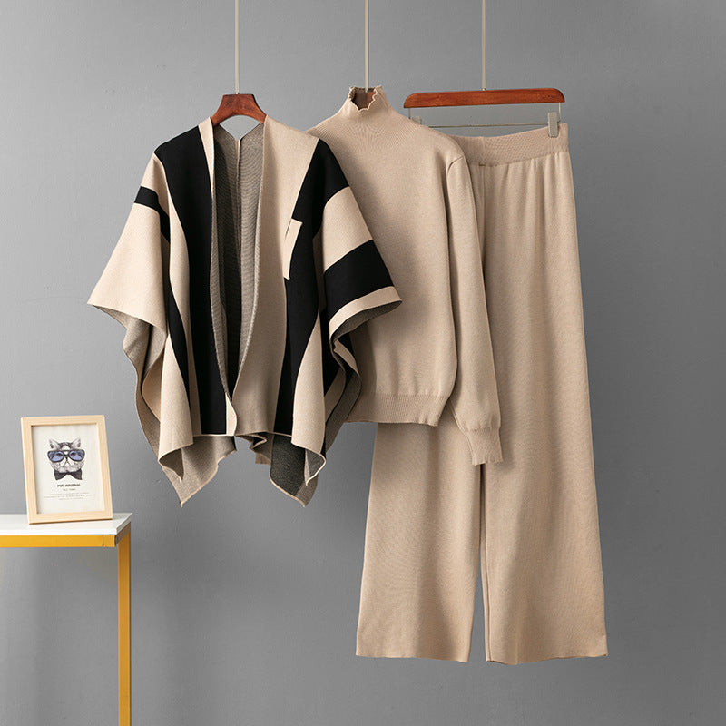 Women’s Shawl, Sweater & Wide Leg Pants 3-Piece Set