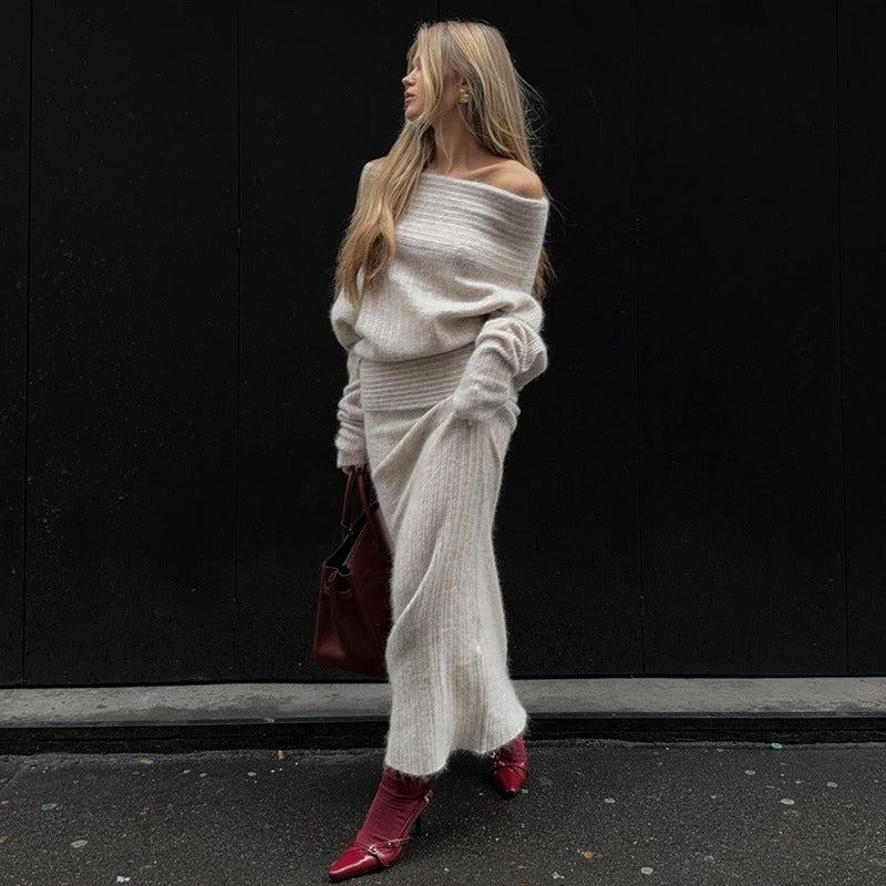 Knitted Long Sleeve Top and Skirt 2-Piece Set
