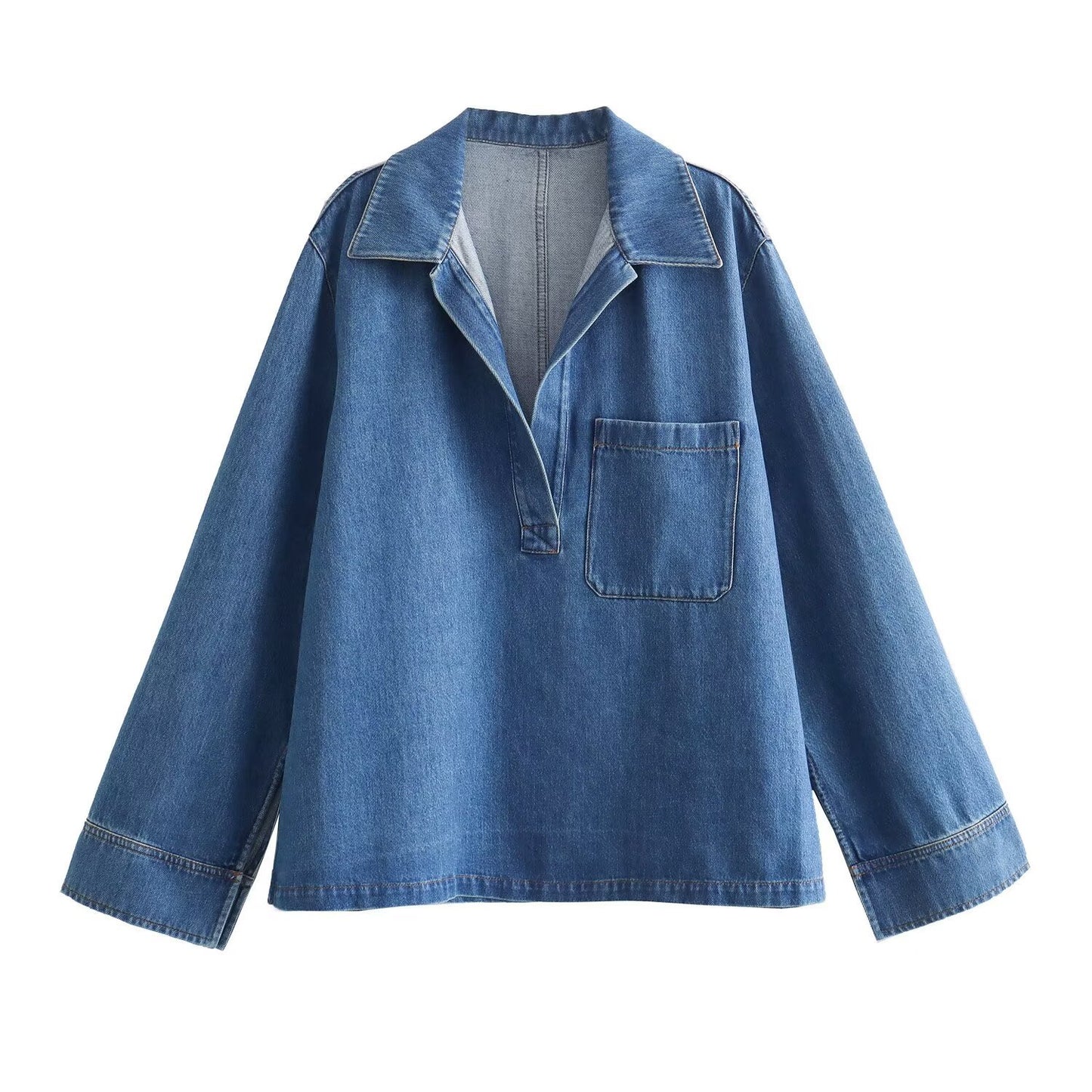 Women's Retro Lapel Casual Shirt Set Belted Loose Denim Pants 2-piece