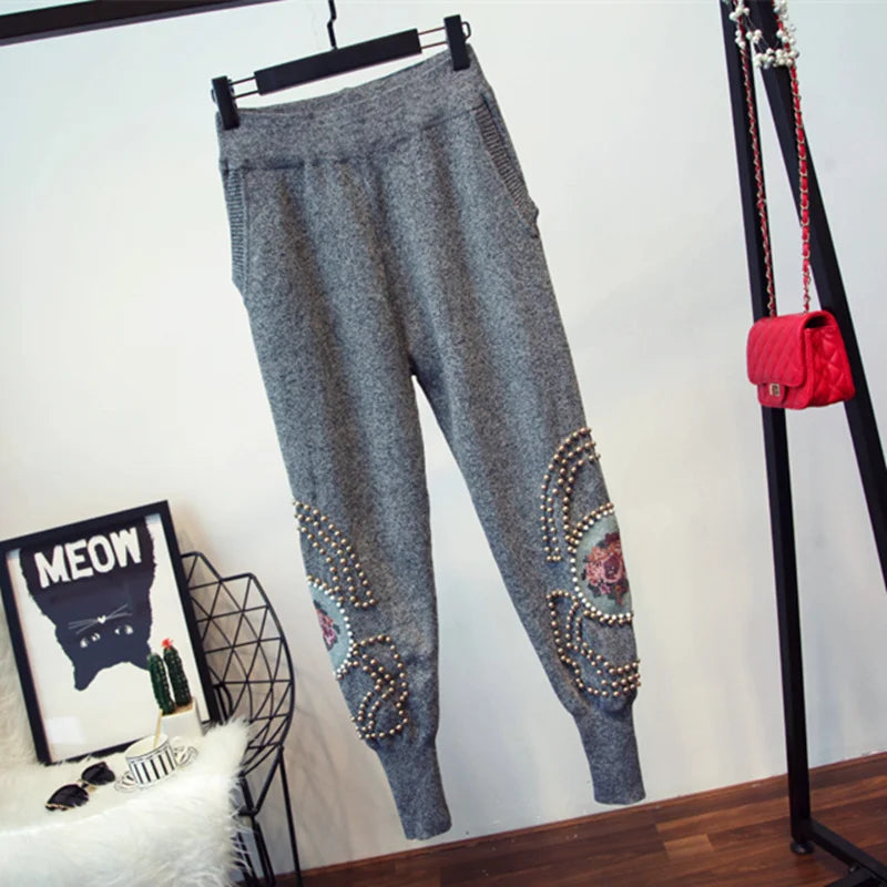 Women’s Beaded Knit Tracksuit Set – Autumn Winter Lounge Wear