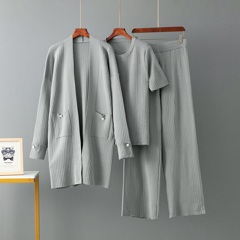 Mid Length Cardigan Jacket+short Sleeved top+wide leg pants three piece set