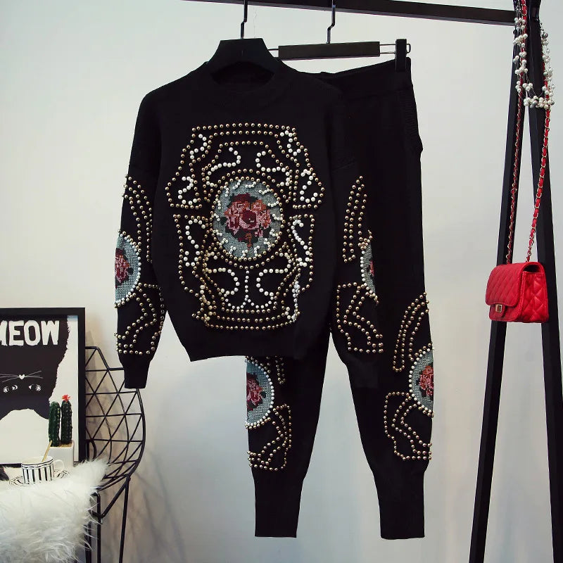 Women’s Beaded Knit Tracksuit Set – Autumn Winter Lounge Wear