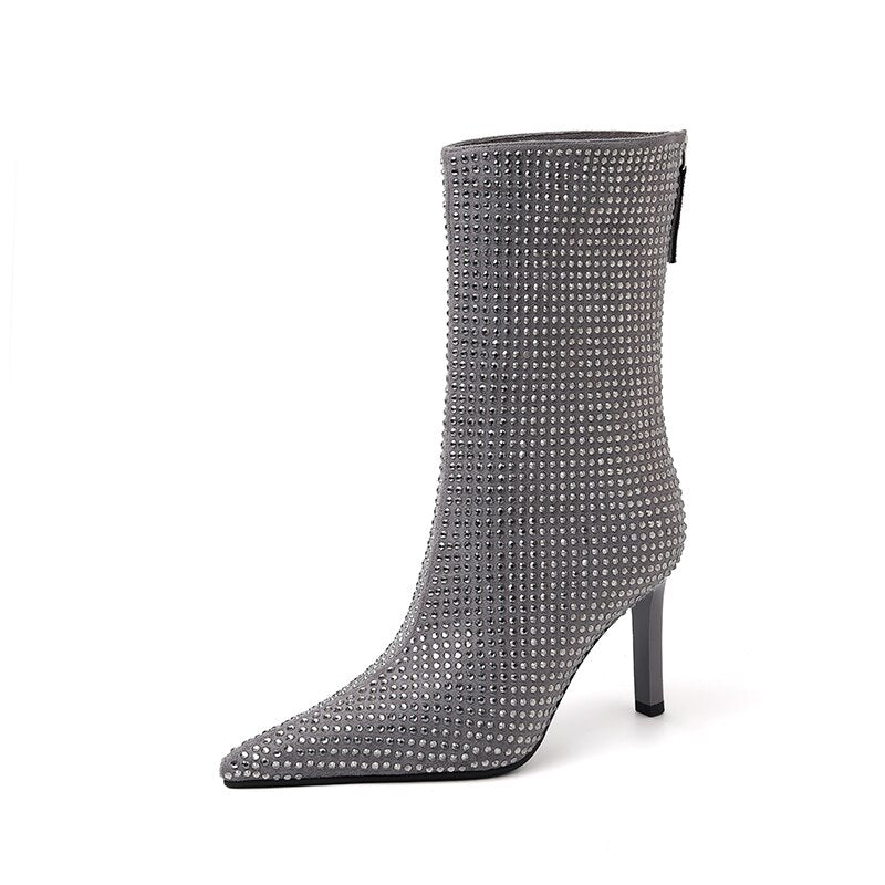 Women's Glamorous Rhinestone-embellished high heel Booties - Fall’s Hottest Statement Boot!