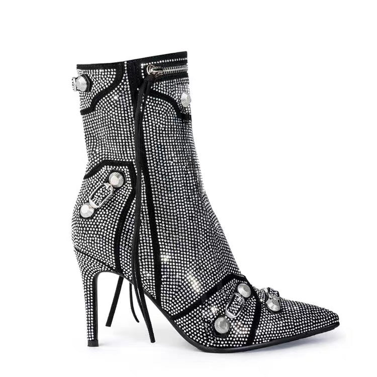Women's Bling Crystal Knee-High Boots Pointed Toe Stiletto Tassel