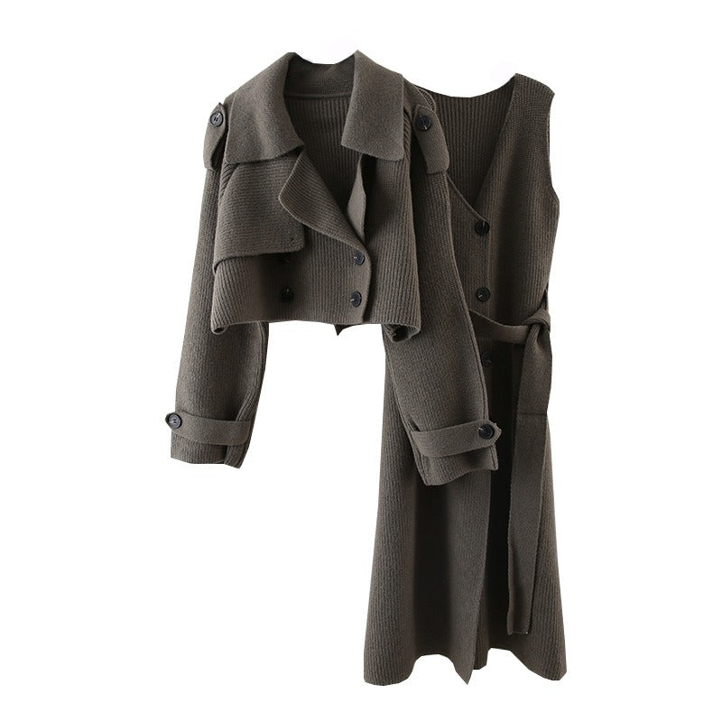 Fashion Knitted 2-Piece Set for Women Coat Straight Belt Dresses