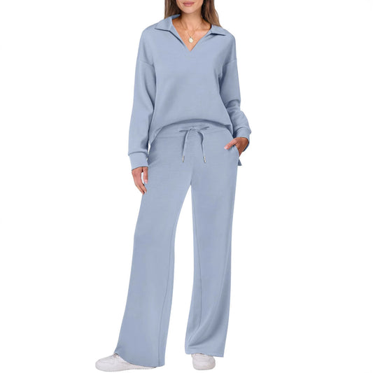 Cross-border New Pure Color Turn-down Collar Loose Casual Straight Pants Multi-color Set