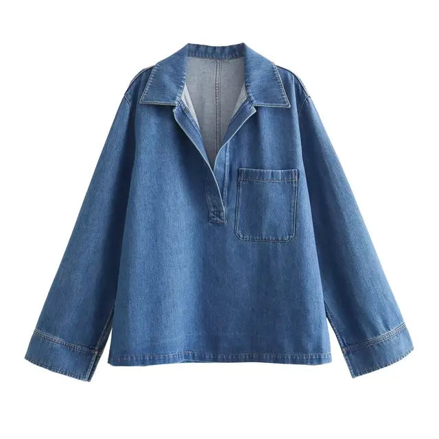 Women's Retro Lapel Casual Shirt Set Belted Loose Denim Pants 2-piece