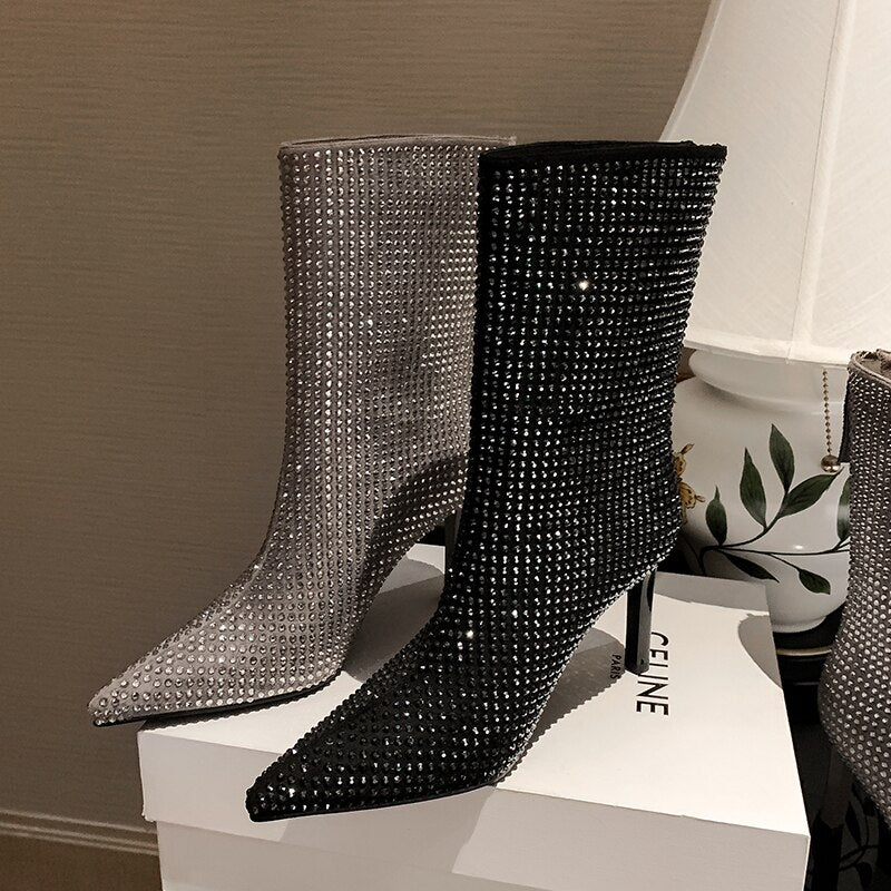 Women's Glamorous Rhinestone-embellished high heel Booties - Fall’s Hottest Statement Boot!