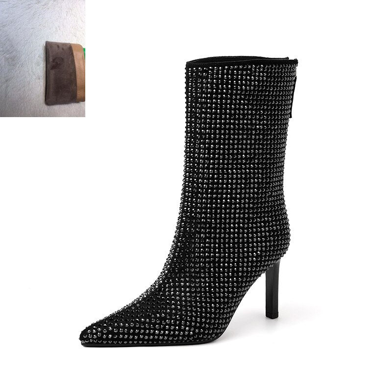 Women's Glamorous Rhinestone-embellished high heel Booties - Fall’s Hottest Statement Boot!