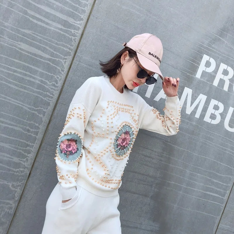 Women’s Beaded Knit Tracksuit Set – Autumn Winter Lounge Wear