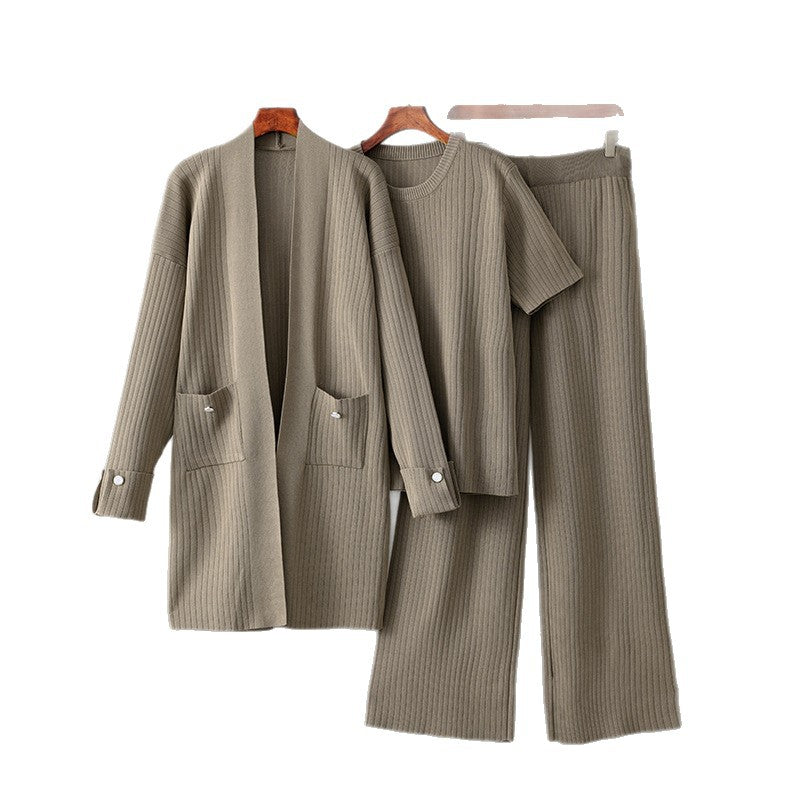 Mid Length Cardigan Jacket+short Sleeved top+wide leg pants three piece set