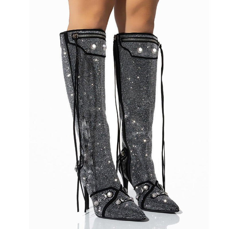 Women's Bling Crystal Knee-High Boots Pointed Toe Stiletto Tassel