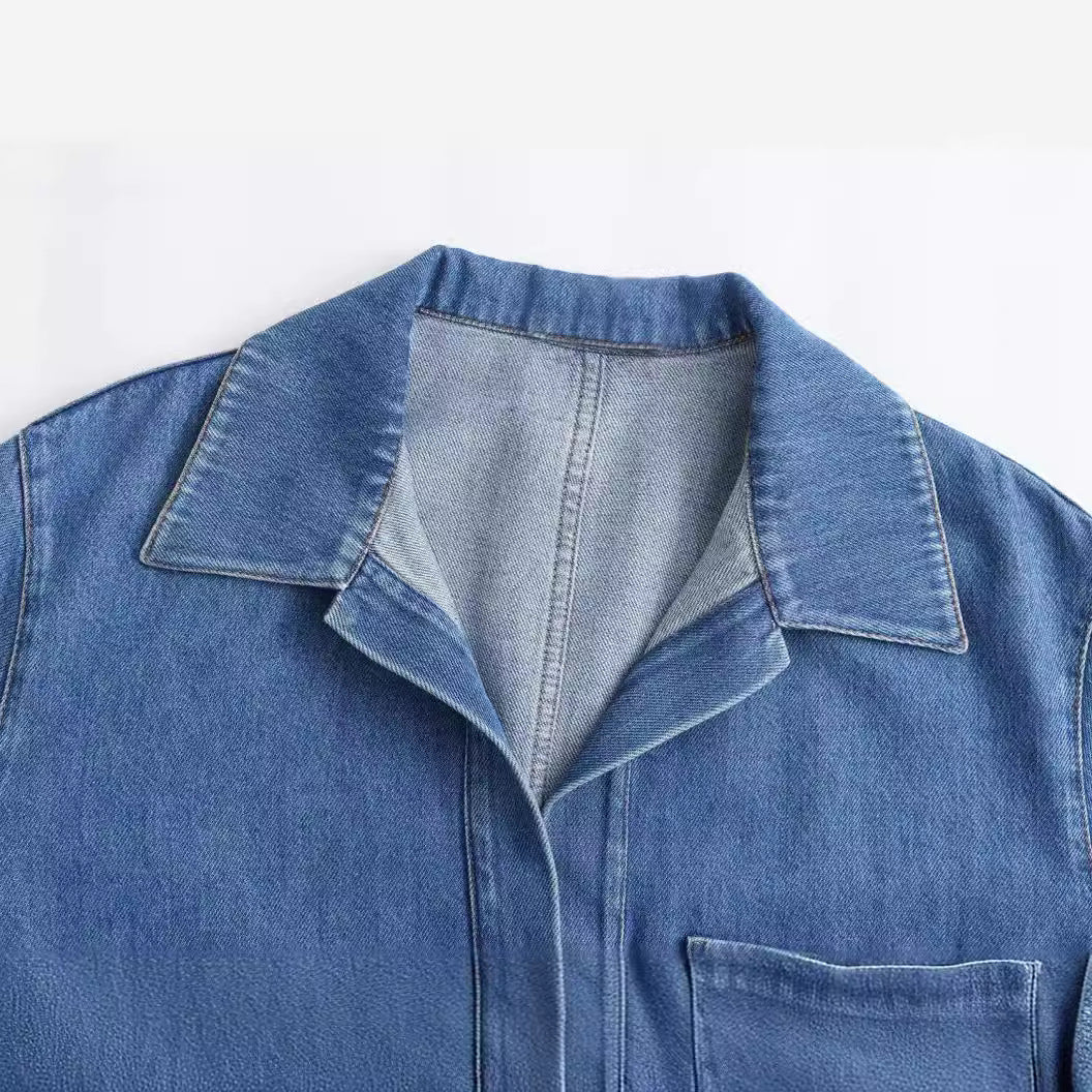 Women's Retro Lapel Casual Shirt Set Belted Loose Denim Pants 2-piece