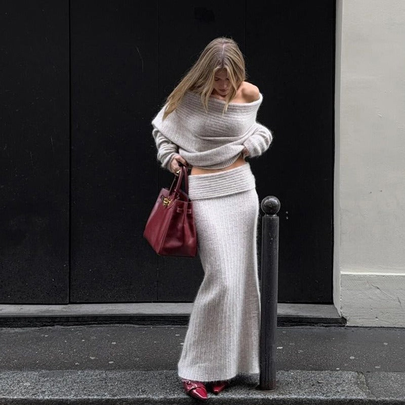 Knitted Long Sleeve Top and Skirt 2-Piece Set