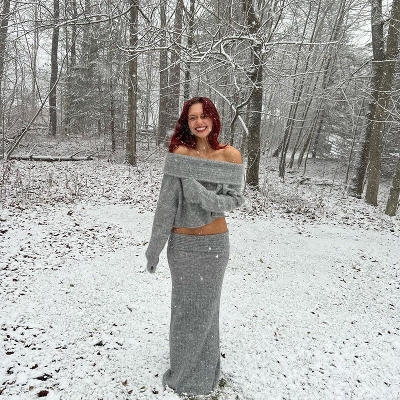 Knitted Long Sleeve Top and Skirt 2-Piece Set