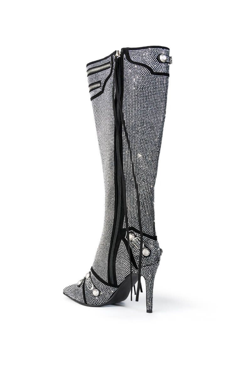 Women's Bling Crystal Knee-High Boots Pointed Toe Stiletto Tassel