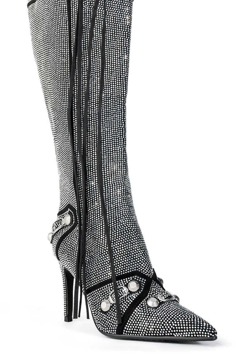 Women's Bling Crystal Knee-High Boots Pointed Toe Stiletto Tassel