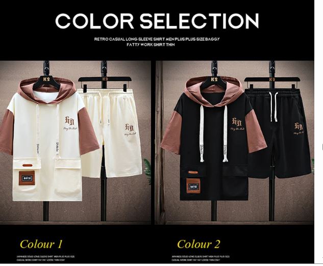 New Hooded Casual Two Piece Short Sleeve Cotton Men
