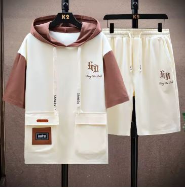 New Hooded Casual Two Piece Short Sleeve Cotton Men