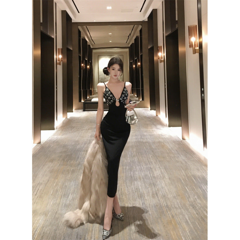 Spicy Women's Dress with Rhinestone Metal Accessories Long Length Fitted Halter Dress