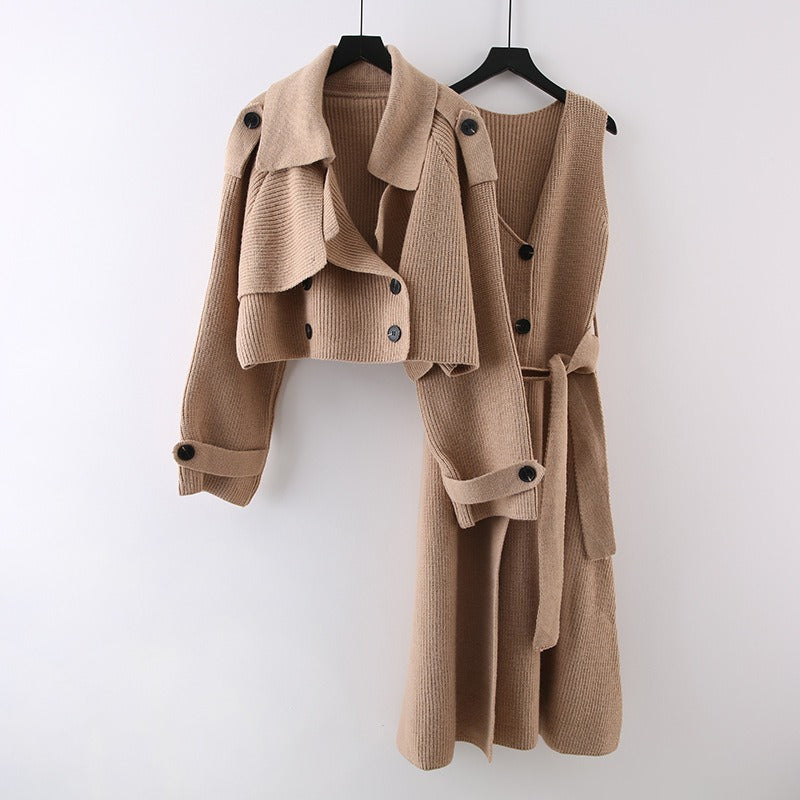 Fashion Knitted 2-Piece Set for Women Coat Straight Belt Dresses