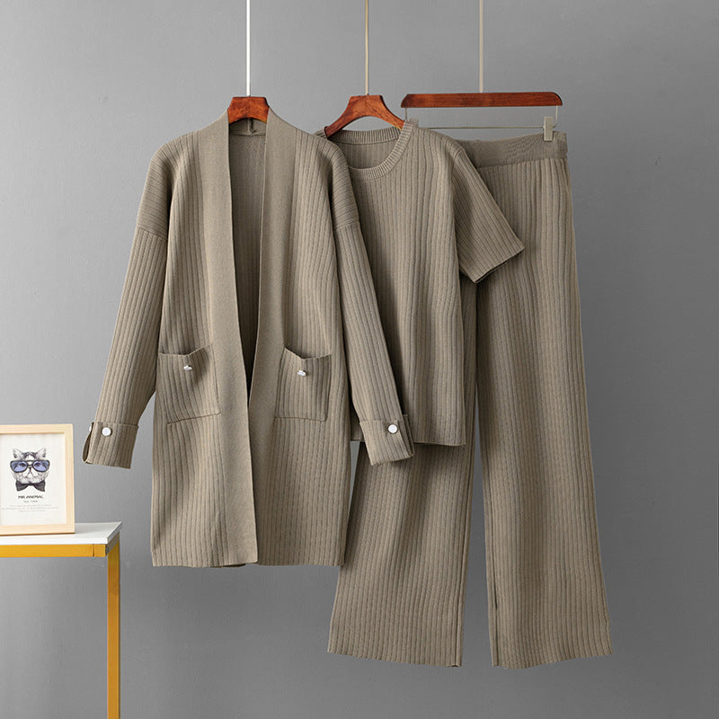Mid Length Cardigan Jacket+short Sleeved top+wide leg pants three piece set