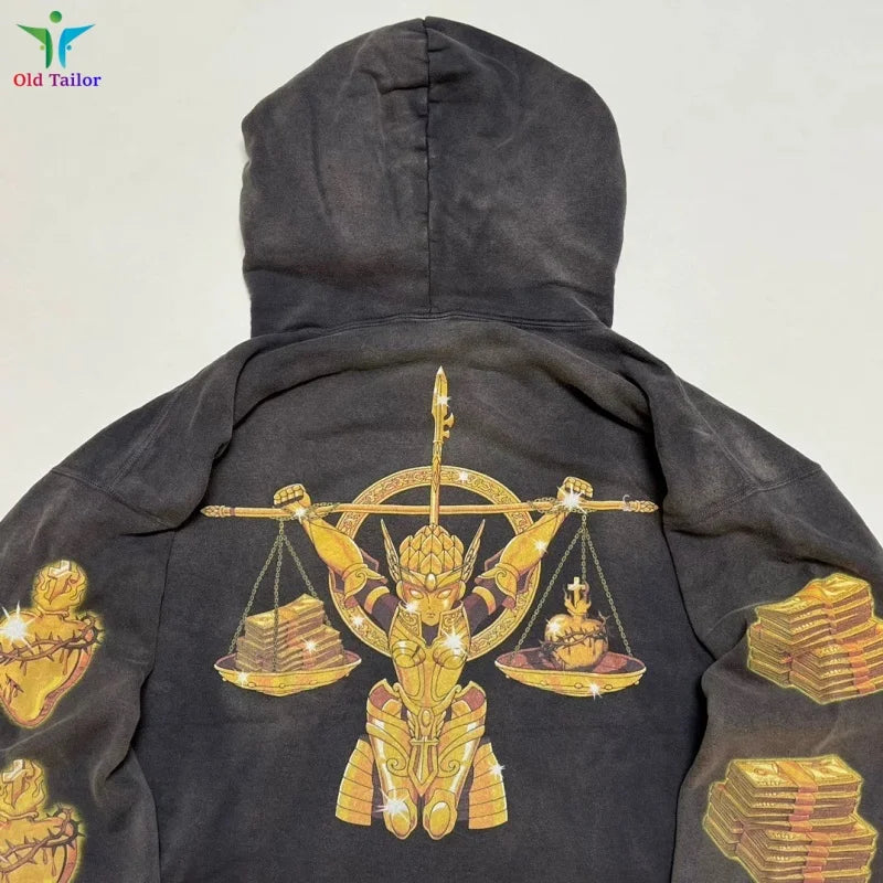 Latest 25SS Saint Classic Print Anime Washed Hoodie Hooded Sweatshirt