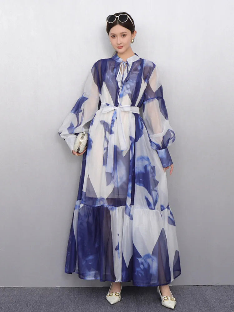 2025 Summer New O Neck Long Sleeve Loose Mid Long Styles Girdling Waist Dress Women