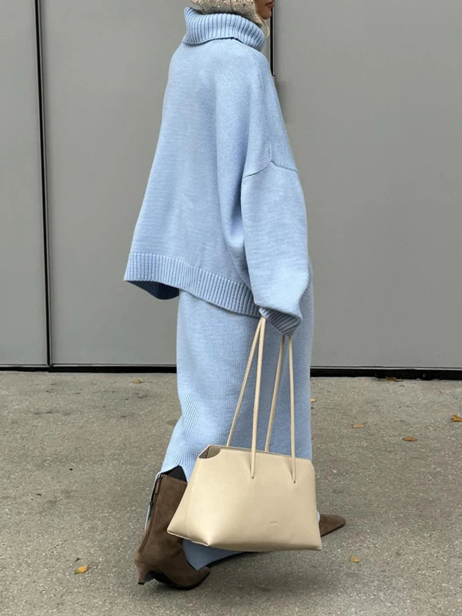 Blue Knit 2-Piece Set – Turtleneck Long Sleeve Sweater & Ankle-Length Skirt for Women