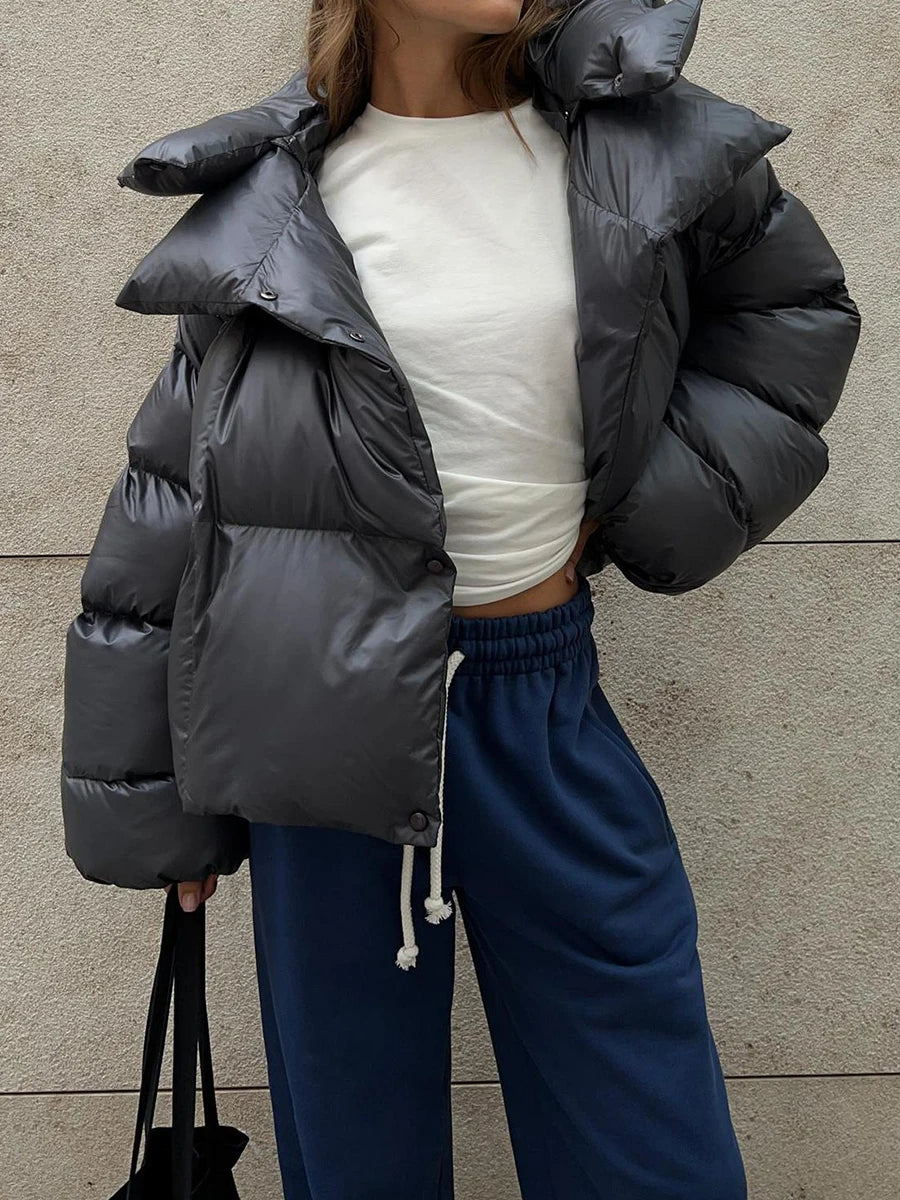Gray Oversized Short Hooded Puffer Coat  Parka for Autumn Winter 2025