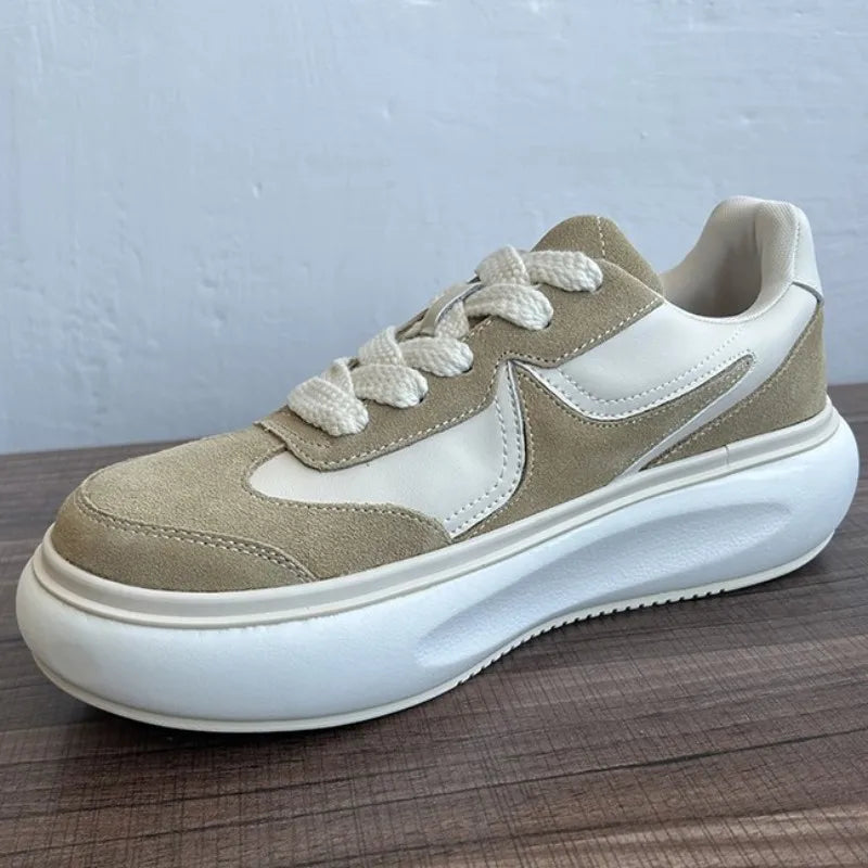 Youth Trend Solid Color Round Toe Platform Unisex Sneakers Handmade Genuine Leather Casual Shoes